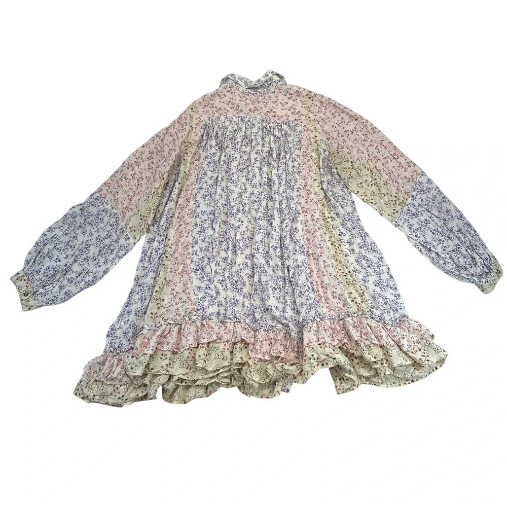 Free People Mini Dress Womens M Multicolor Floral Patchwork Boho Babydoll Ruffle